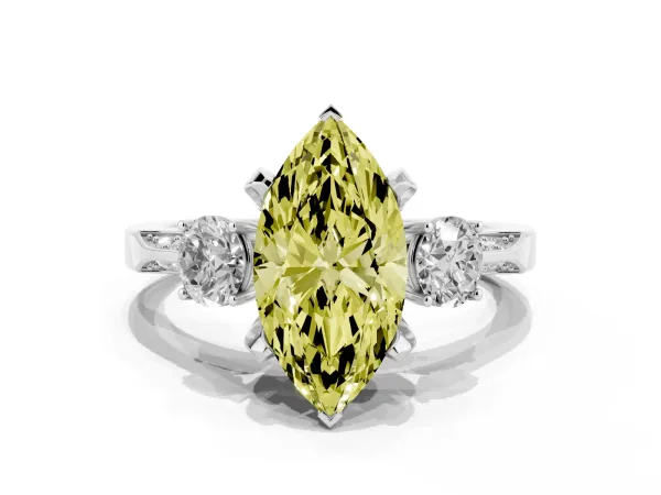 Fancy Yellow Marquise Cut Brilliant Three-Stone Diamond Ring with Pavé Band and Four-Prong Setting White gold