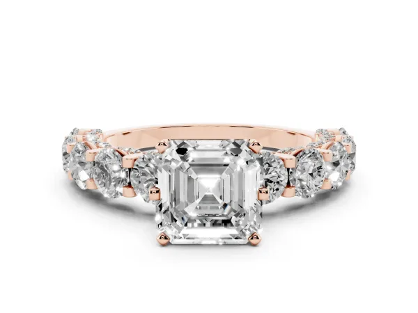 Asscher Cut Diamond Side Stone Engagement Ring with Four-Prong Setting Rose gold