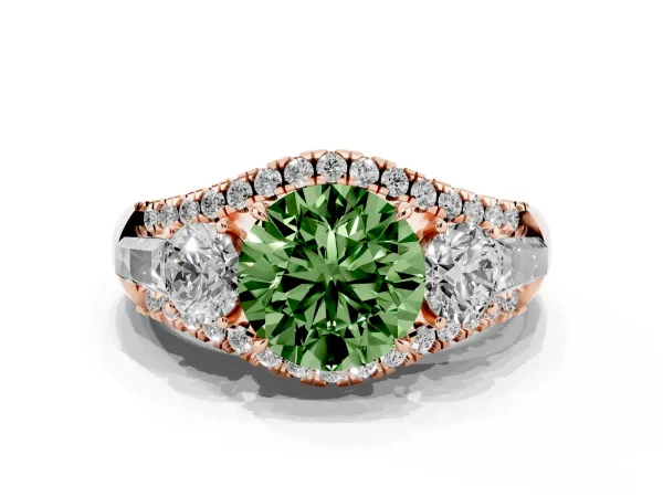 Fancy Green Three-Stone Round Cut Diamond Engagement Ring with Pave Band and Prong Setting Rose gold