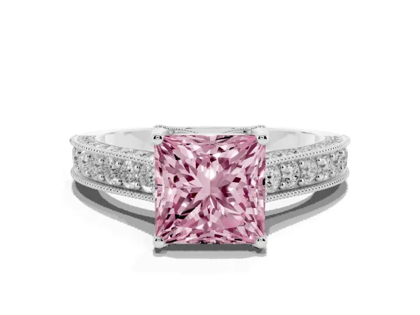 Fancy Pink Princess Cut Cut Diamond Solitaire Ring with Milgrain Pave Band and Four Prong Setting Platinum