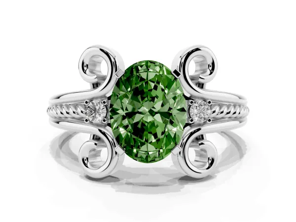 Fancy Green Oval Cut Solitaire Twisted Band Scroll Prong Ring Platinum