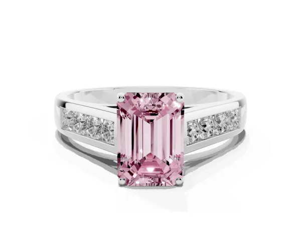 Fancy Pink Emerald Cut Solitaire Channel-Set Diamond Engagement Ring with Four-Prong Setting White gold