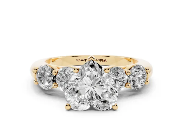 Heart Cut Cut Five-Stone Prong Set Diamond Ring with Classic Band Yellow gold