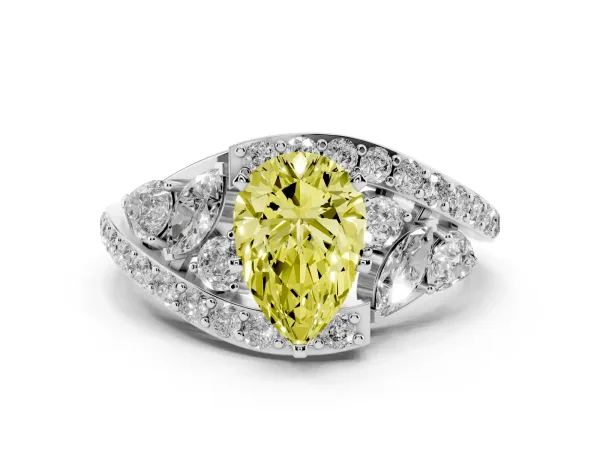Fancy Yellow Pear Cut Diamond Halo Ring with Marquise and Pavé Band in Prong Setting White gold