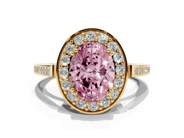 Fancy Pink Oval Cut Diamond Halo Ring with Split Shank and Four-Prong Setting Yellow gold