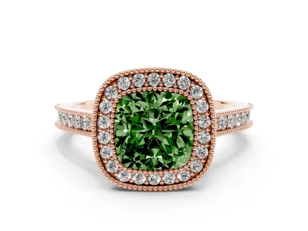 Fancy Green Halo Cushion Cut-Cut Diamond Pave Band Milgrain Prong Setting Ring Rose gold