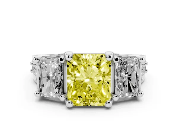 Fancy Yellow Radiant Cut Diamond Three-Stone Ring with Channel Set Band and Four-Prong Setting White gold