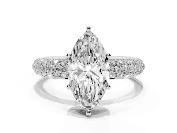Marquise Cut Diamond Solitaire Ring with Prong Setting and Pavé Band Platinum