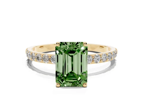 Fancy Green Emerald Cut Diamond Solitaire Engagement Ring with Round Pavé Band and Prong Setting Yellow gold
