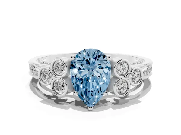 Fancy Blue Pear Cut Cut Diamond Engagement Ring with Bezel Set Round Side Stones and Prong Setting Platinum