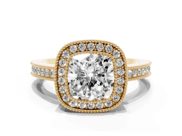 Cushion Cut Cut Halo Diamond Ring with Pavé Band and Milgrain Prong Setting Yellow gold