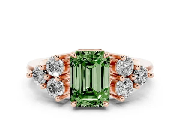 Fancy Green Emerald Cut Brilliant Diamond Cluster Accent Solitaire Ring with Prong Setting Rose gold