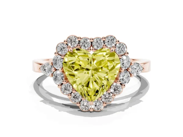 Fancy Yellow Heart Cut Diamond Halo Ring with Pear Side Stones and Prong Setting Rose gold