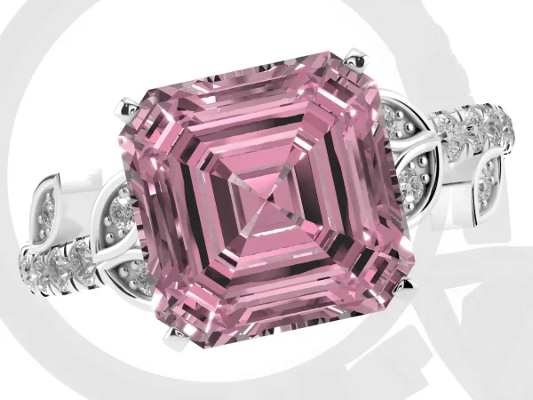 Fancy Pink Asscher Cut Solitaire Leaf-Inspired Diamond Ring with Pavé Band and Four-Prong Setting Platinum