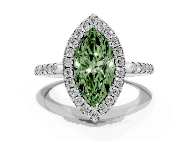 Fancy Green Marquise Cut Diamond Pavé Halo Ring with Four-Prong Setting White gold