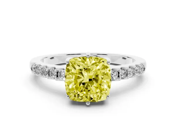 Fancy Yellow Cushion Cut Solitaire Diamond Engagement Ring with Pavé Band and Six-Prong Setting Platinum
