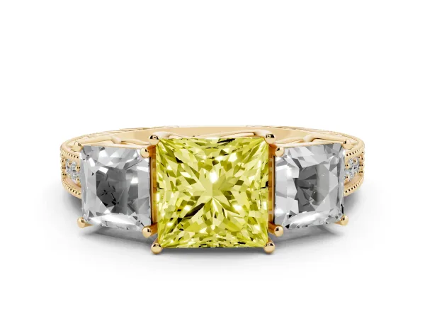 Fancy Yellow Three-Stone Princess Cut Cut Milgrain Pavé Engagement Ring Yellow gold