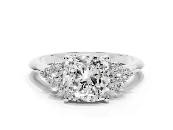 Cushion Cut Cut Diamond Cluster Ring with Solitaire Band and Four-Prong Setting White gold