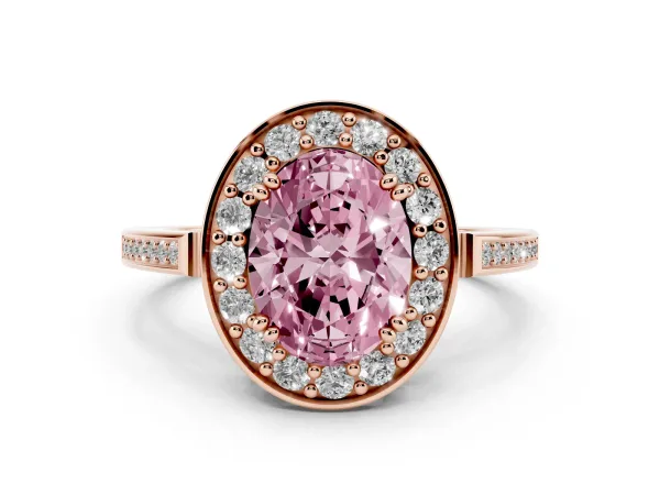 Fancy Pink Oval Cut Diamond Halo Ring with Split Shank and Four-Prong Setting Rose gold
