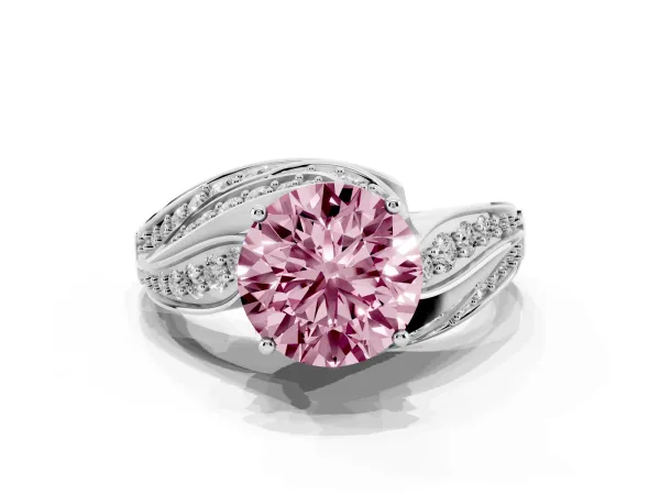 Fancy Pink Round Cut Diamond Solitaire Ring with Prong Setting and Twisted Pavé Band Platinum