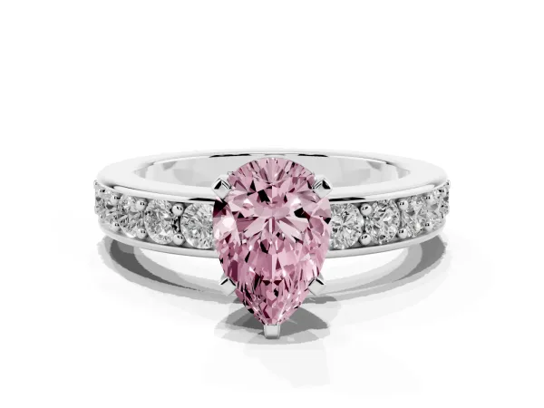 Fancy Pink Pear Cut Diamond Engagement Ring with Channel Set Round Band and Prong Setting Platinum