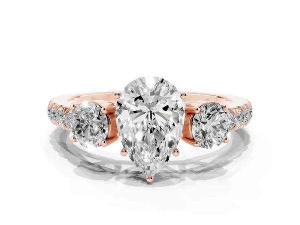 Pear Cut Cut Diamond Three-Stone Ring with Round Side Stones and Pavé Band Rose gold