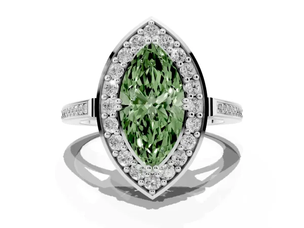Fancy Green Marquise Cut Diamond Halo Ring with Split Shank and Four-Prong Setting Platinum