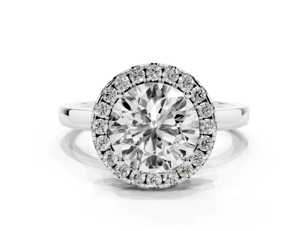 Round Cut Halo Diamond Solitaire with Pavé Band and Four-Prong Setting White gold