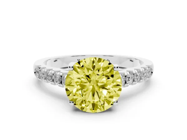 Fancy Yellow Round Cut Diamond Pavé Band Solitaire Ring with Prong Setting White gold