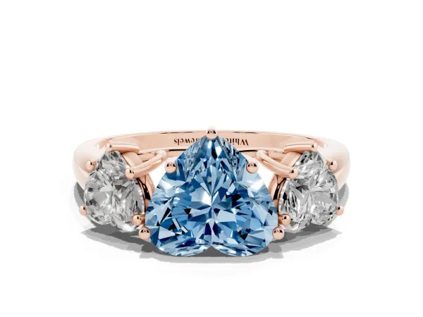 Fancy Blue Three-Stone Heart Cut Diamond Engagement Ring with Prong Setting Rose gold