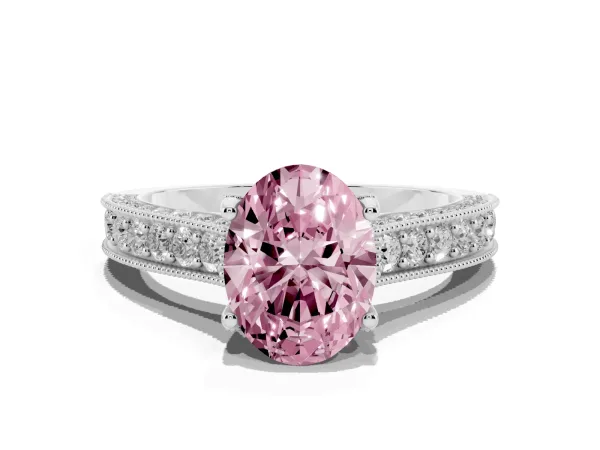 Fancy Pink Oval Cut Cut Diamond Solitaire Ring with Milgrain Pave Band and Four Prong Setting White gold