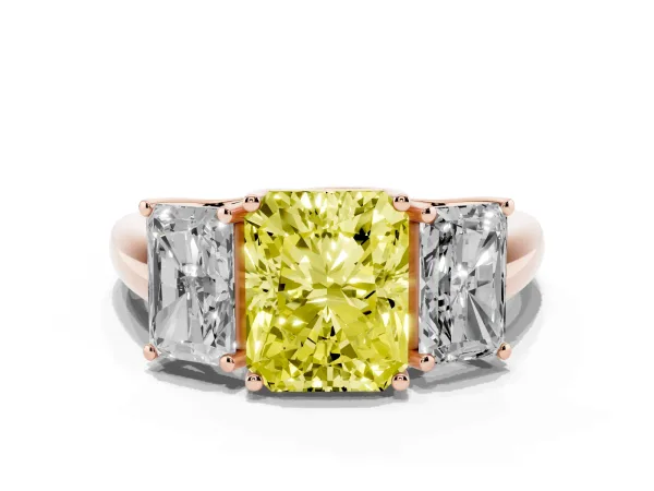 Fancy Yellow Three-Stone Radiant Cut Diamond Engagement Ring with Prong Setting Rose gold