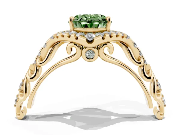 Fancy Green Oval Cut Diamond Solitaire Ring with Hidden Halo and Pavé Band Yellow gold