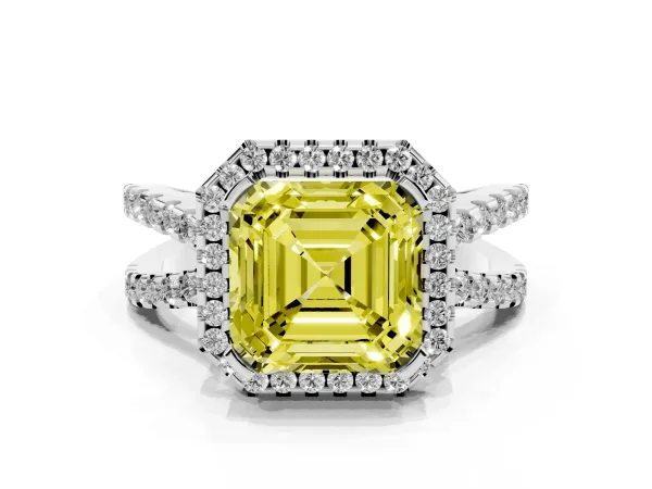 Fancy Yellow Asscher Cut Diamond Halo Ring with Split Shank Pavé Band and Prong Setting White gold