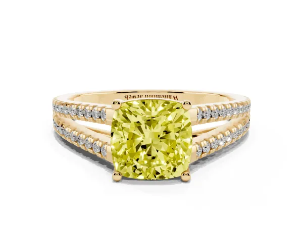 Fancy Yellow Cushion Cut Diamond Solitaire Engagement Ring with Split Shank Pavé Band Yellow gold