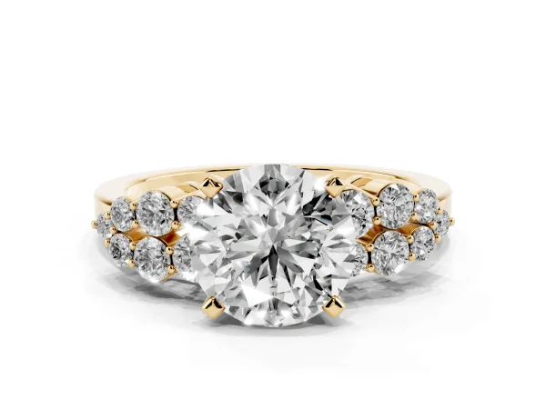 Round Cut Cluster Diamond Engagement Ring with Pavé Band and Four-Prong Setting Yellow gold