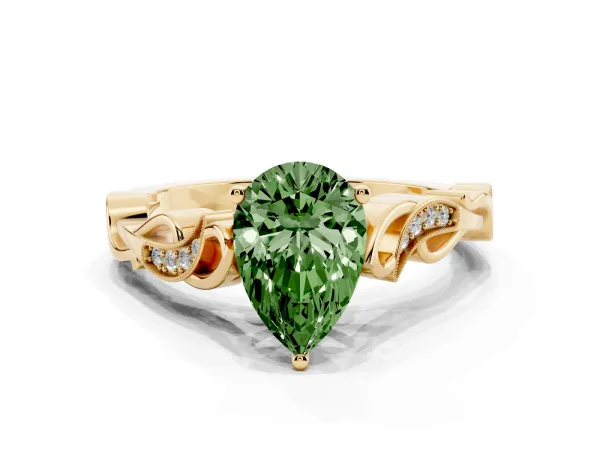 Fancy Green Pear Cut Solitaire Vine Band with Milgrain Prong Setting Yellow gold