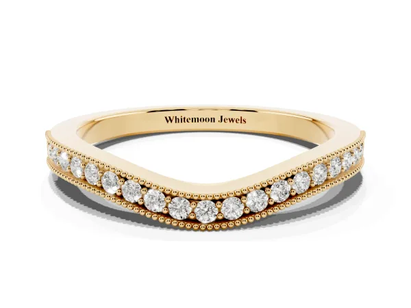 Pavé Round Diamond Curved Band with Milgrain Edge Yellow gold