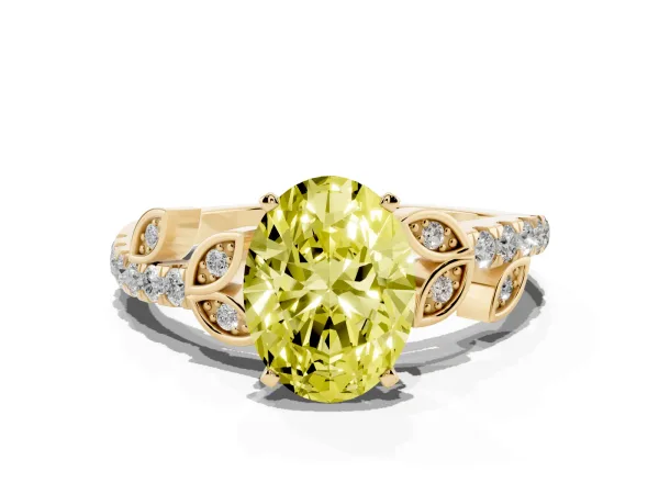 Fancy Yellow Oval Cut Solitaire Leaf-Inspired Diamond Ring with Pavé Band and Four-Prong Setting Yellow gold