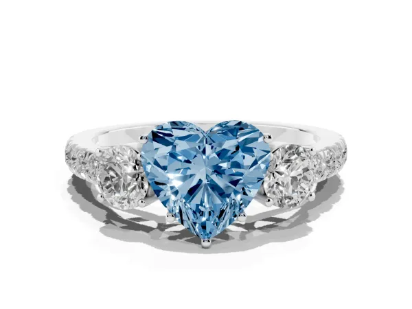 Fancy Blue Heart Cut Cut Diamond Three-Stone Ring with Round Side Stones and Pavé Band Platinum
