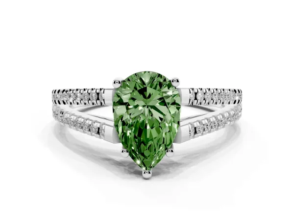 Fancy Green Pear Cut Diamond Solitaire Engagement Ring with Split Shank Pavé Band Platinum