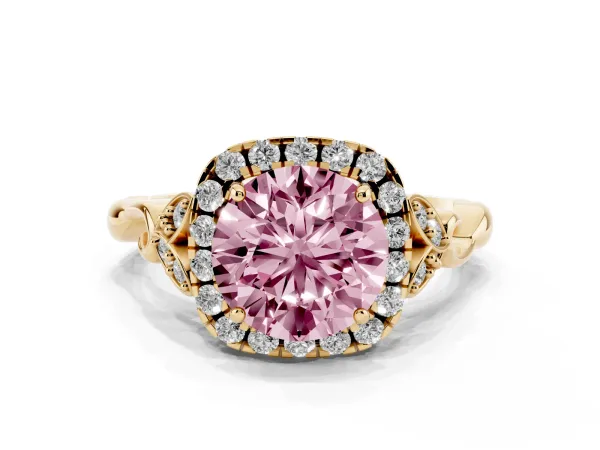 Fancy Pink Round Cut Halo Diamond Engagement Ring with Vintage-Inspired Band and Four-Prong Setting Yellow gold