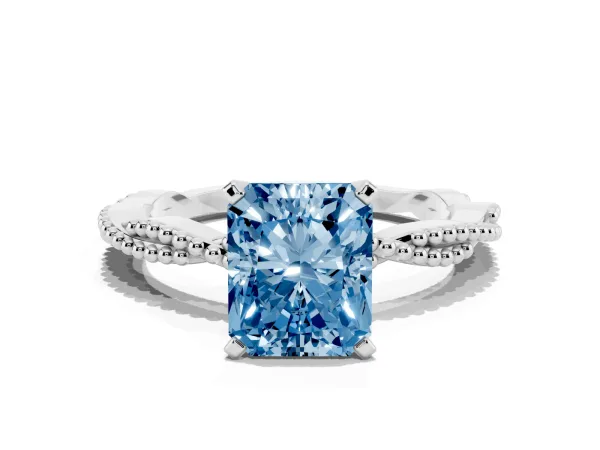 Fancy Blue Radiant Cut Solitaire Twisted Band with Bead Prong Setting White gold