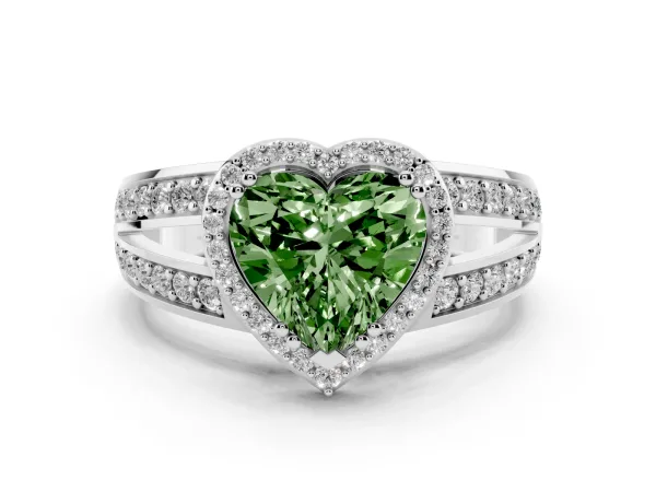 Fancy Green Heart Cut Diamond Halo Ring with Split Shank Pavé Band and Four-Prong Setting Platinum