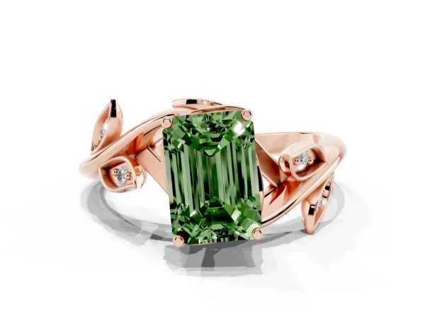 Fancy Green Emerald Cut Solitaire Twist Engagement Ring with Leaf Accents and Prong Setting Rose gold
