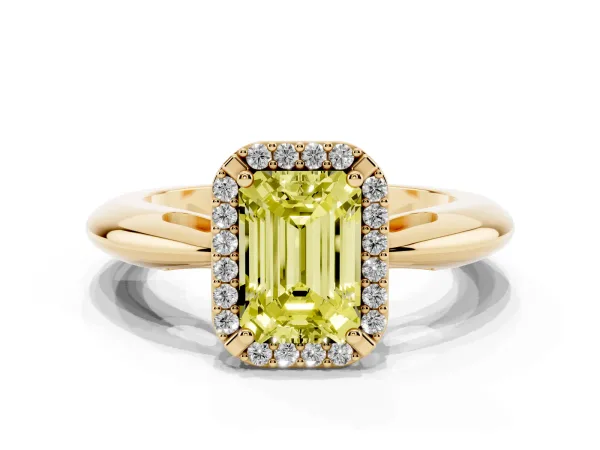 Fancy Yellow Emerald Cut Cut Diamond Halo Engagement Ring with Split Shank and Four-Prong Setting Yellow gold