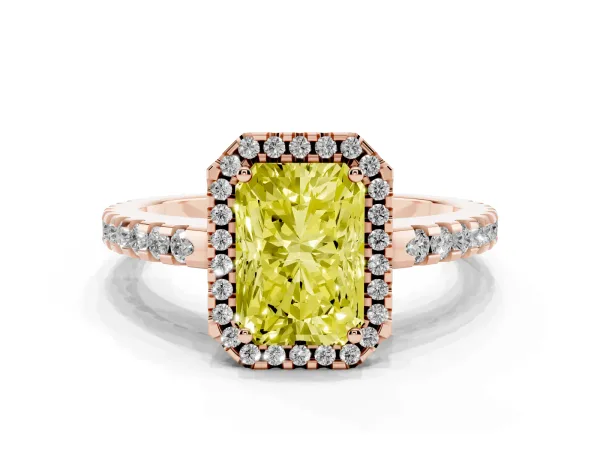 Fancy Yellow Radiant Cut Diamond Halo Engagement Ring with Pavé Band and Prong Setting Rose gold