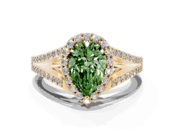 Fancy Green Pear Cut Halo Split Shank Pave Diamond Ring with Four-Prong Setting Yellow gold