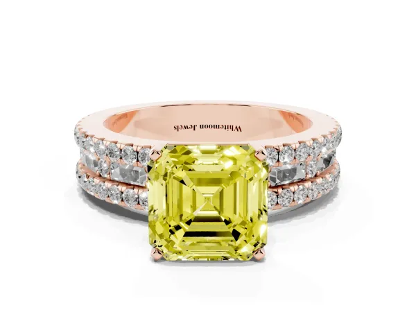 Fancy Yellow Asscher Cut Diamond Solitaire Ring with Pavé and Channel Set Band Rose gold