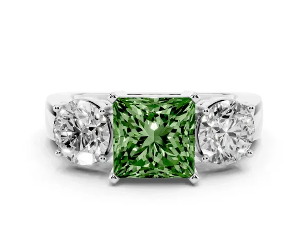 Fancy Green Three-Stone Princess Cut Diamond Ring with Round Side Stones, Classic Band, and Four-Prong Setting White gold
